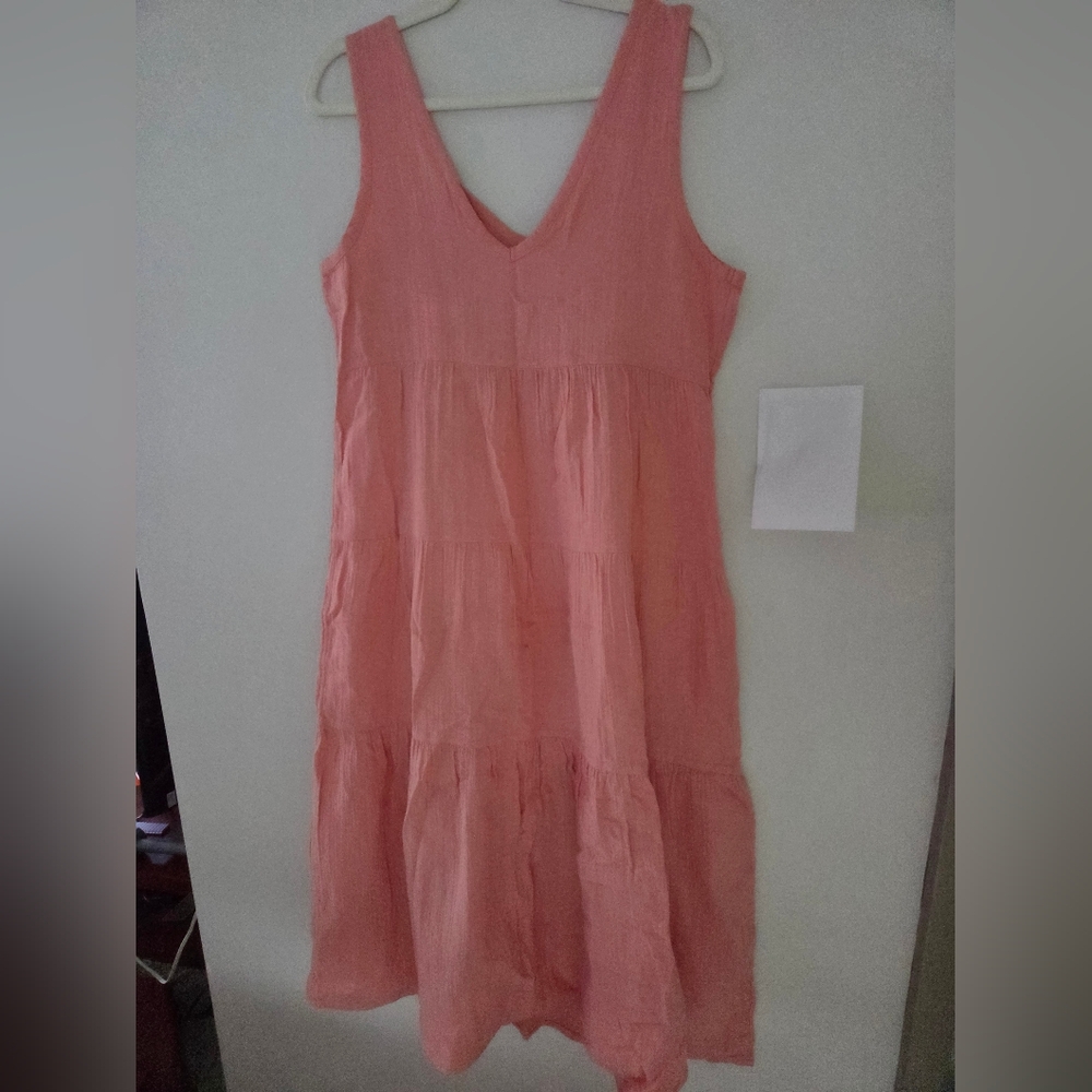 Quince Sleeveless Tiered Midi Dress in Coral Pink - Picture 9 of 12
